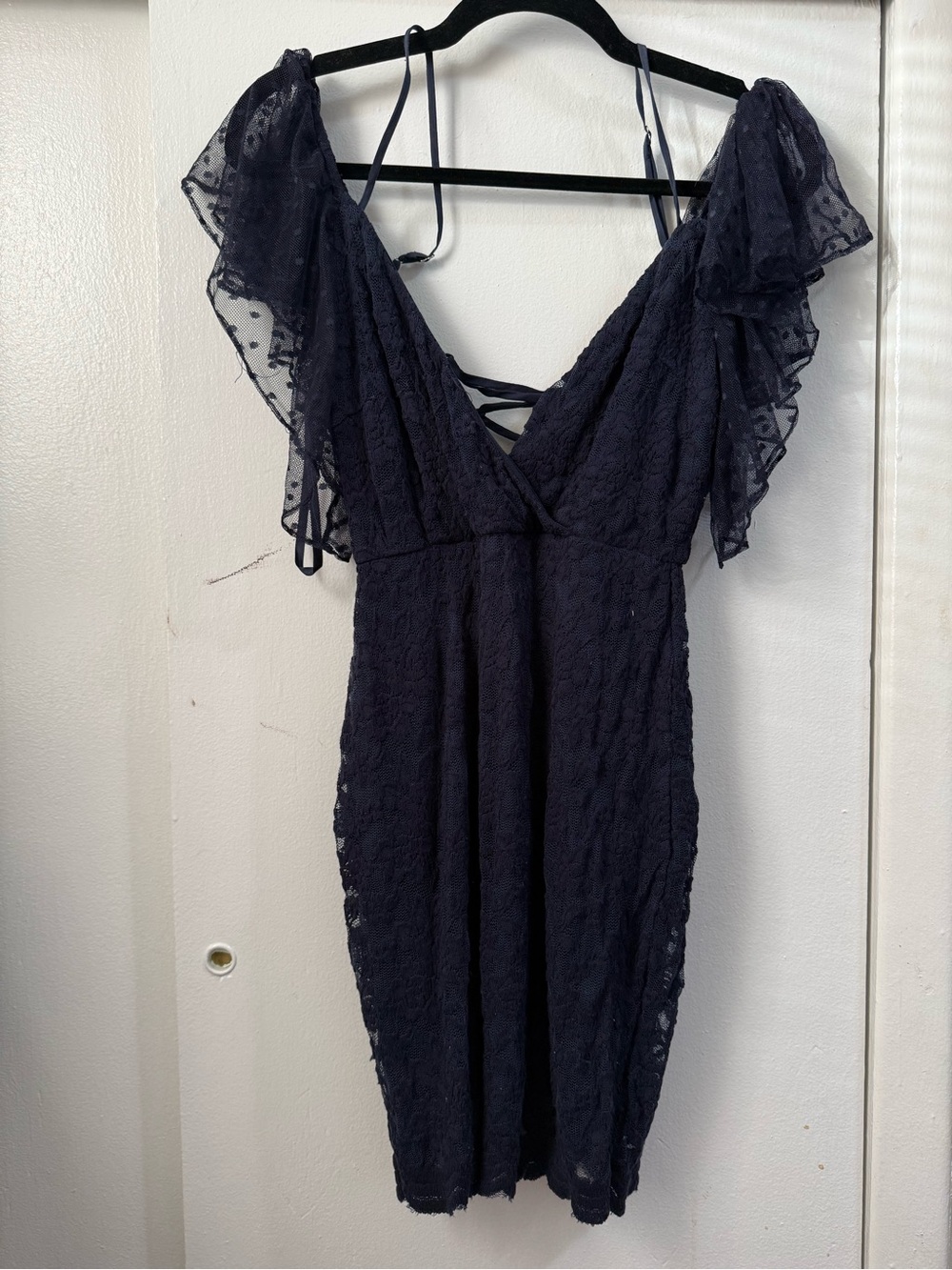Selfie Leslie Navy Lace Ruffle Sleeve Mini Dress